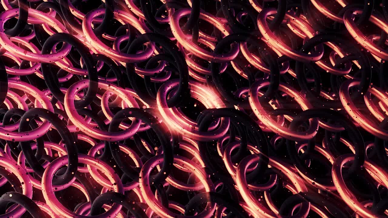 Rows of red spherical chained rings, seamless loop. Design. Top view of many bonded rings glowing and rotating