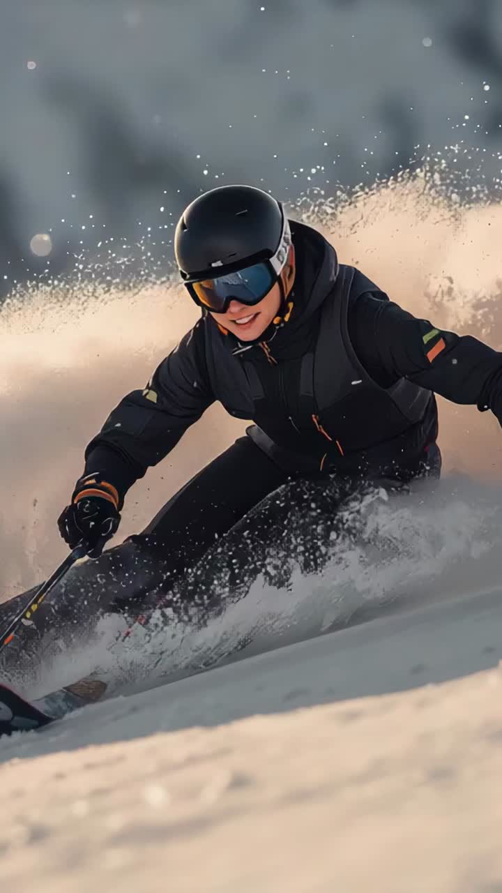 Vertical video: Carving skier crouching, driving skis down slope for control, wearing black helmet