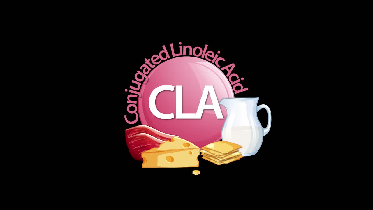 A pink CLA emblem animates in, gaining labeled text and illustrated dairy and meat foods on a black background. Smooth transitions highlight nutritional content