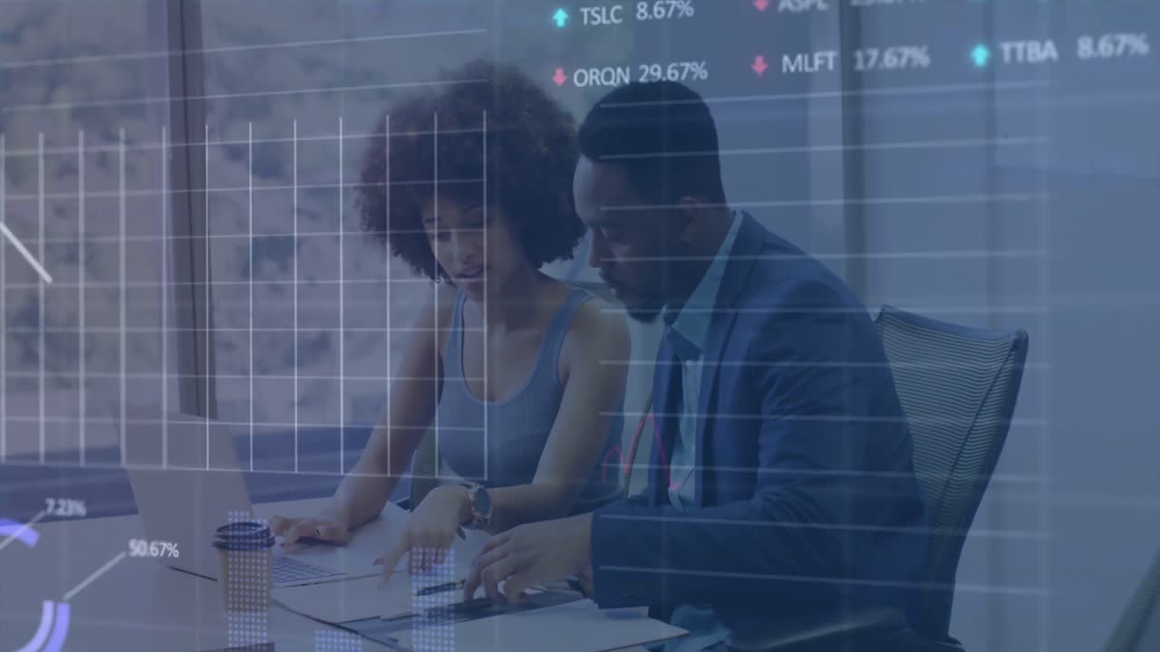Animation of graphs and trading boards over diverse coworkers discussing reports on desk in office