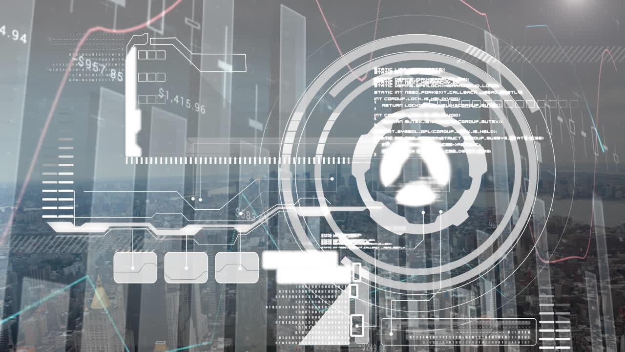 Animation of scope scanning and statistics data processing over cityscape
