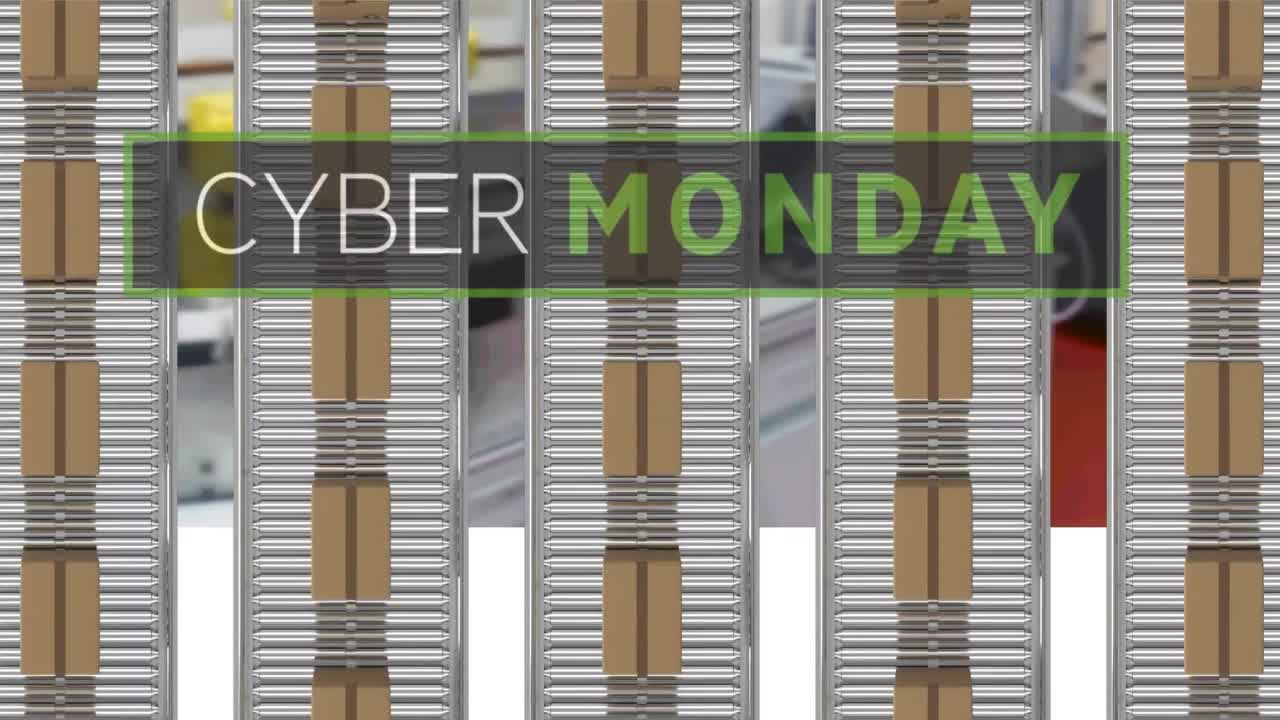 Cyber monday text banner over multiple delivery boxes on conveyer belt against factory