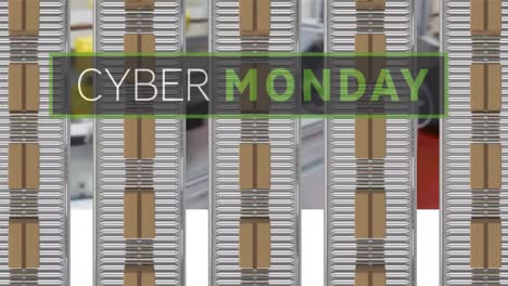 Cyber-monday-text-banner-over-multiple-delivery-boxes-on-conveyer-belt-against-factory