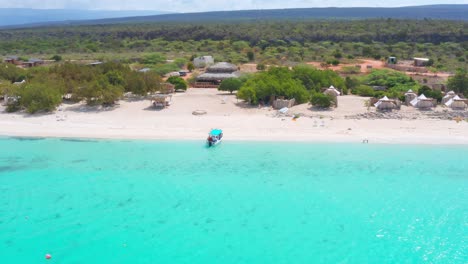 Toma-Aérea-Sobre-Aguas-Turquesas-En-La-Playa-Del-Camping-Eco-Del-Mar,-Pedernales