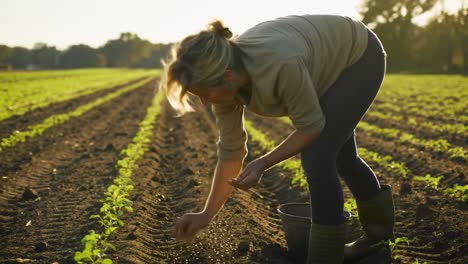 a dedicated farmer tending to growing crops in a sunlit field, nurturing plants with care and precision to ensure a bountiful harvest ahead