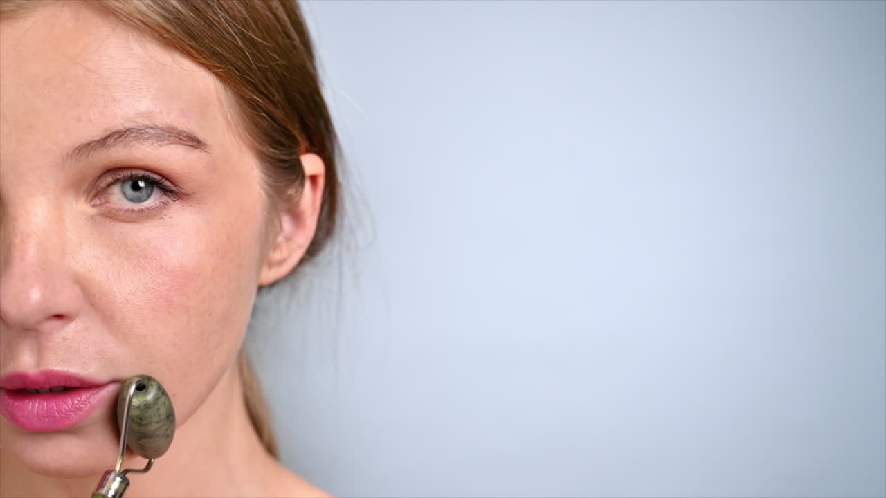 A young caucasian woman is doing a facial massage using a roller, looking into the camera. Half of the face. Slow motion