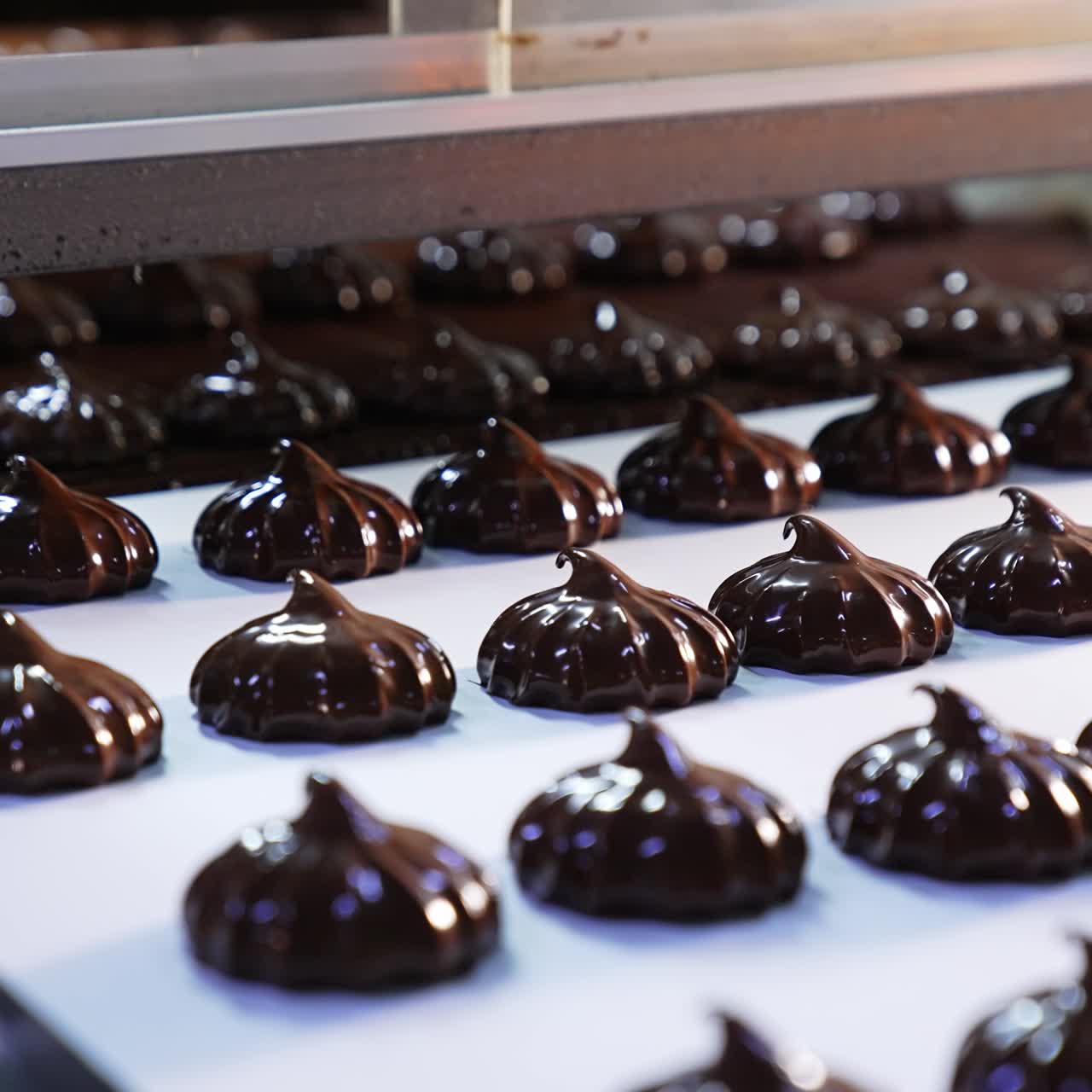 Rows of chocolate desserts on a conveyor belt