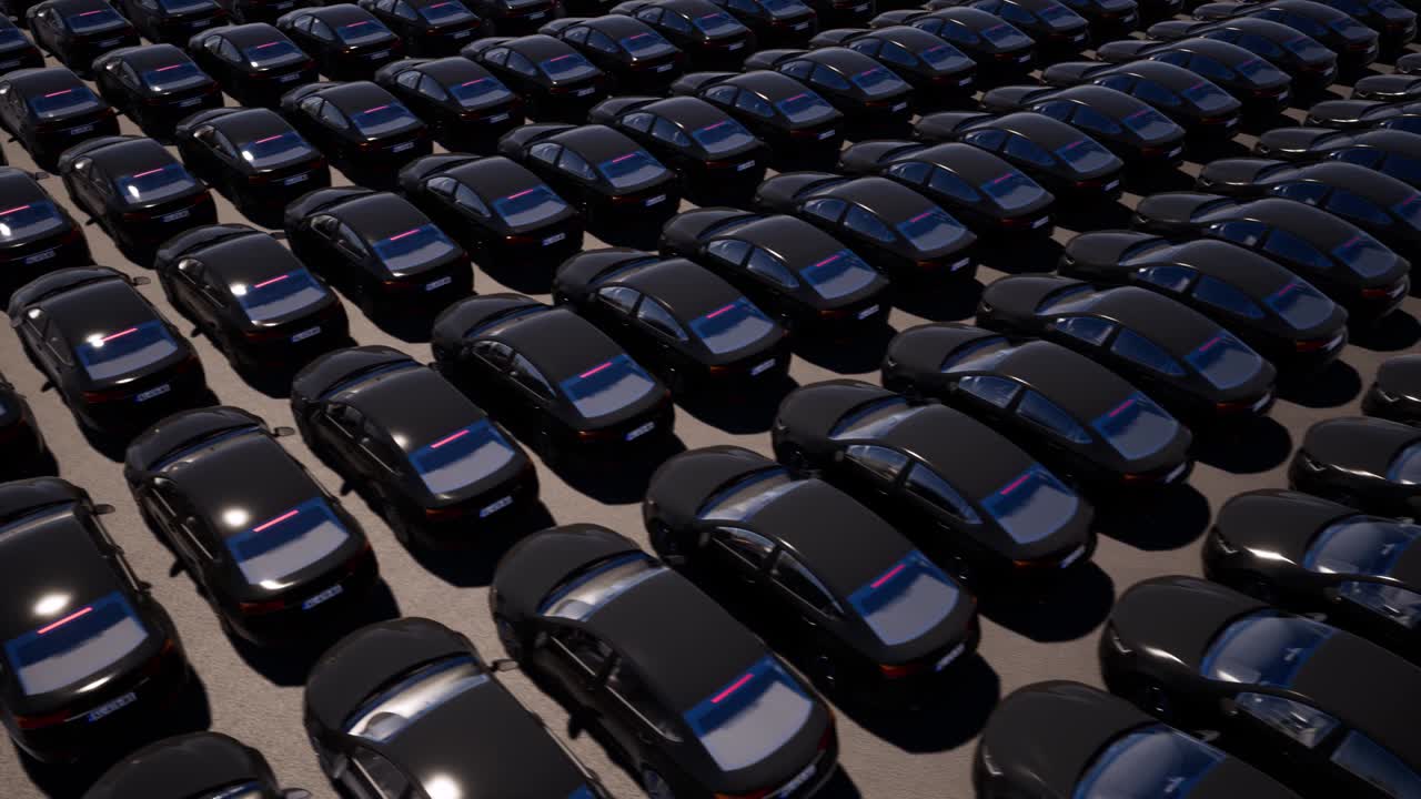 coches negros en el estacionamiento animación realista. transporte de la ciudad vista superior imágenes. automóviles modernos genéricos video de movimiento. servicio de alquiler de automóviles. concepto de atasco de tráfico. medios de transporte urbano
