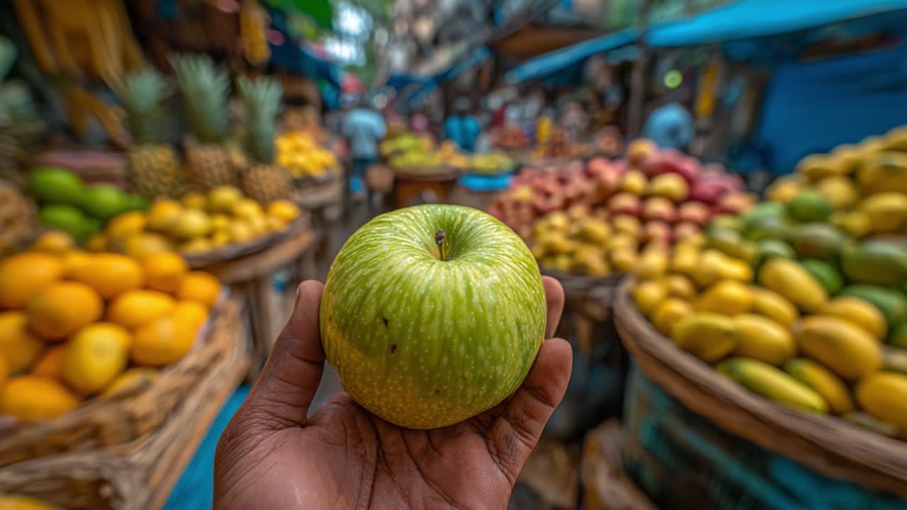 Una vivace scena di mercato con mele verdi fresche circondate da frutti colorati, che mostra la ricca diversità di prodotti freschi disponibili per la vendita.