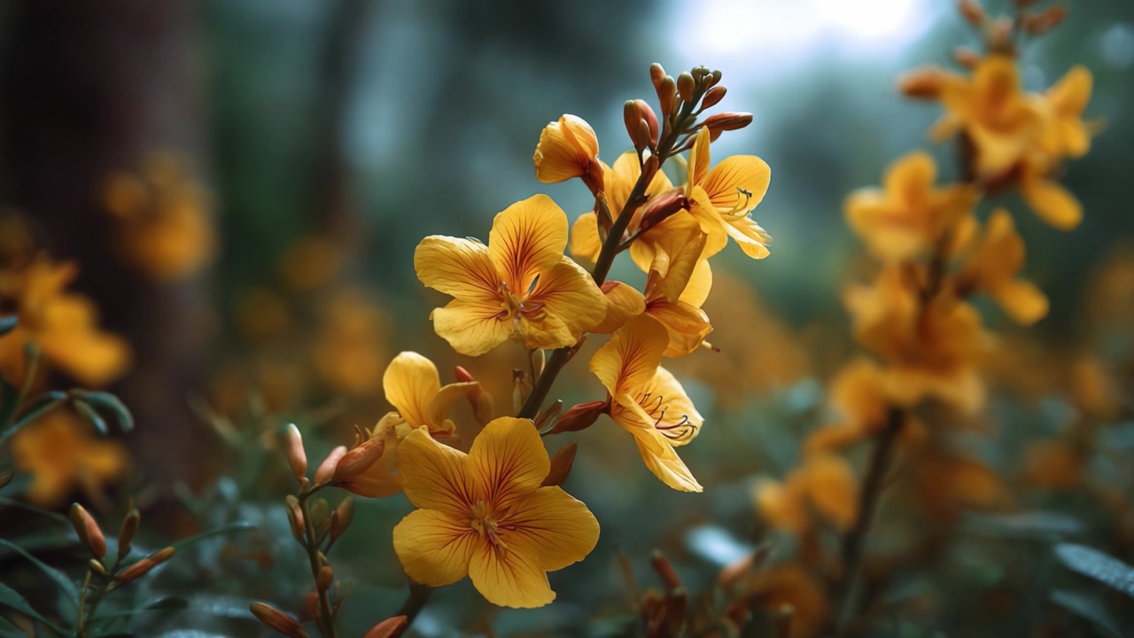 Un primo piano di vivaci fiori gialli che sbocciano in natura, mostrando i loro delicati petali e la bellezza naturale su uno sfondo verde lussureggiante.