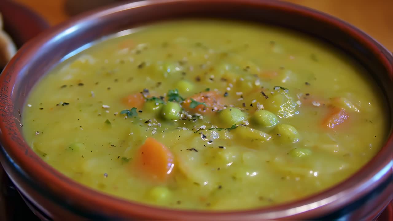 Homemade green pea soup garnished with fresh herbs, served in ceramic bowls on rustic wooden surface, embodying seasonal comfort and wholesome cooking