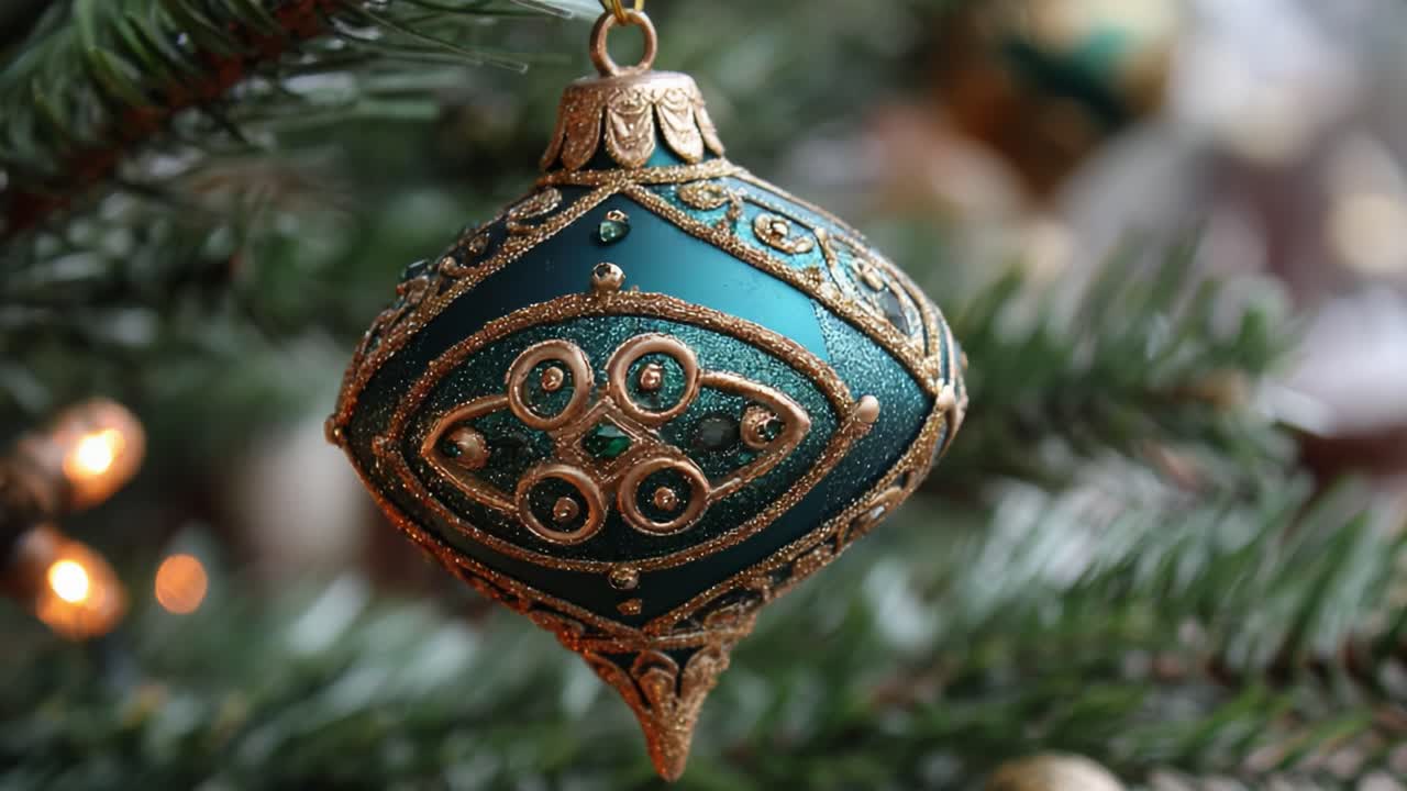 Elegant and Ornate Christmas Ornament Hanging on a Pine Tree, Capturing the Festive Spirit of the Holiday Season with Its Vibrant Colors and Intricate Details