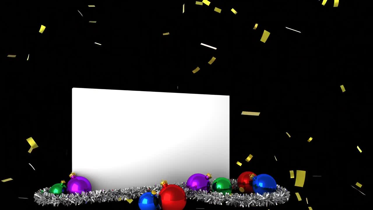 confeti cayendo sobre papel en blanco y decoración de bolas de navidad