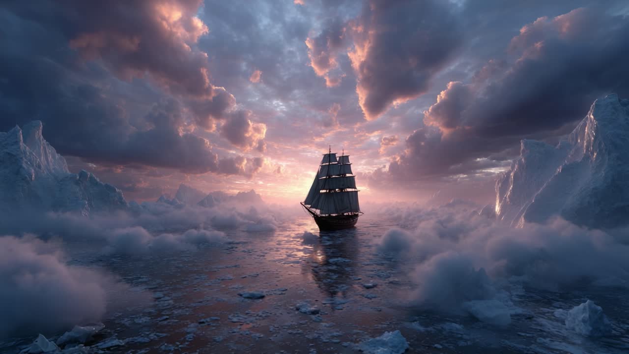 A majestic sailing ship navigates through an ethereal landscape of icy formations and dramatic clouds during dawn, capturing a serene yet adventurous spirit