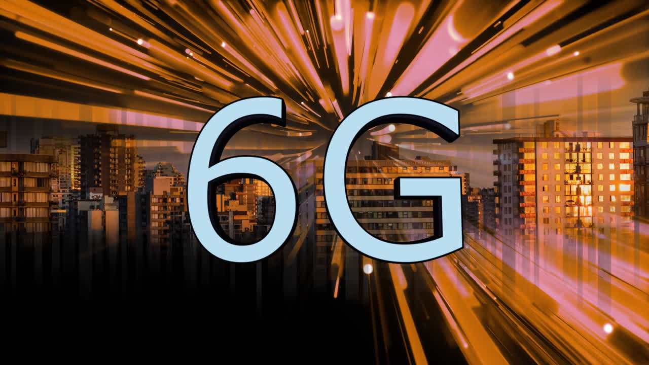 animación de texto 6g, paisaje urbano y procesamiento de datos por computadora
