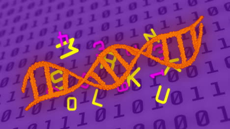 Animación-De-Cadena-De-ADN,-Codificación-Binaria-Y-Procesamiento-De-Datos-Sobre-Fondo-Morado.