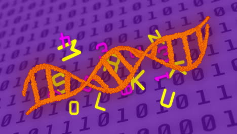 animación de la cadena de adn, codificación binaria y procesamiento de datos sobre un fondo púrpura