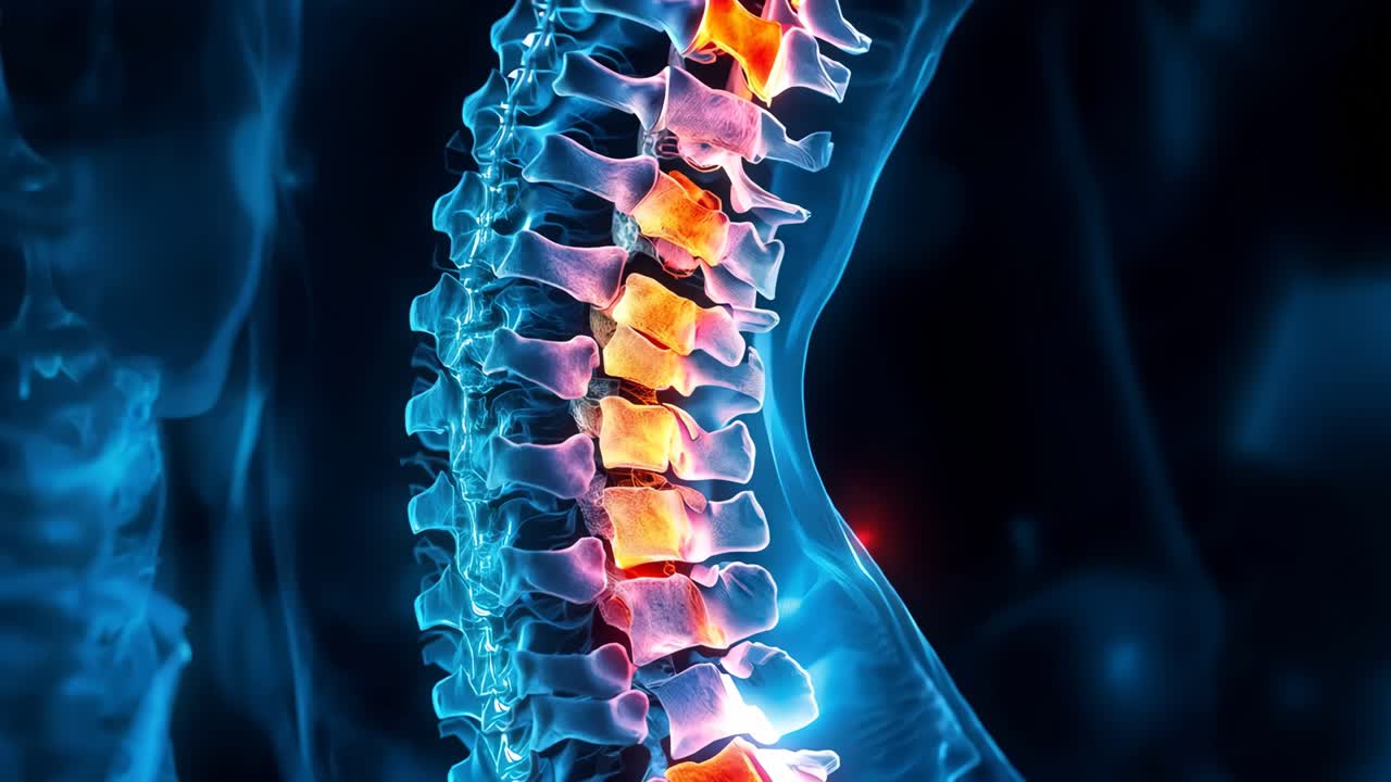 파란색 배경을 가진 인간의 척추의 클로즈업