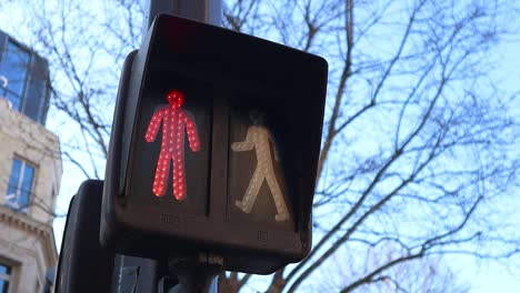 City-scenery,-pedestrian-traffic-light-turns-green-in-Paris