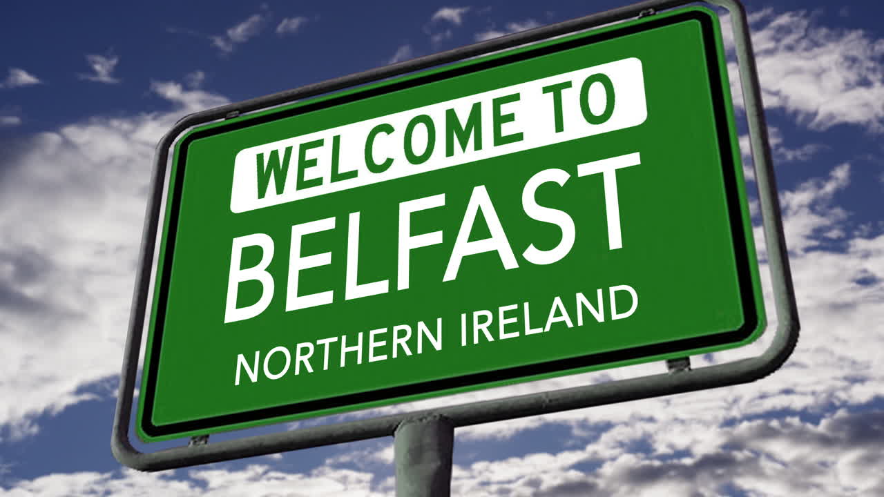 bienvenido a belfast, irlanda del norte, señal de carretera de la ciudad del reino unido, animación 3d realista