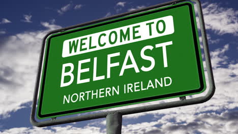 Bienvenido-A-Belfast,-Irlanda-Del-Norte,-Señal-De-Tráfico-De-La-Ciudad-Del-Reino-Unido,-Animación-Realista-En-3D