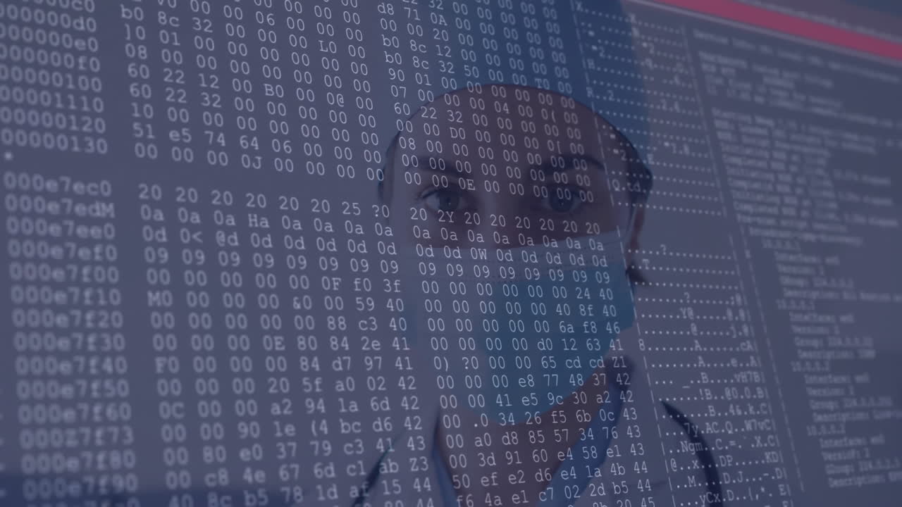 programmer woman wearing glasses typing code in tech lab, showing floating hex values and log data