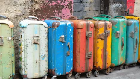 a row of colorful suitcases lined up against a wall