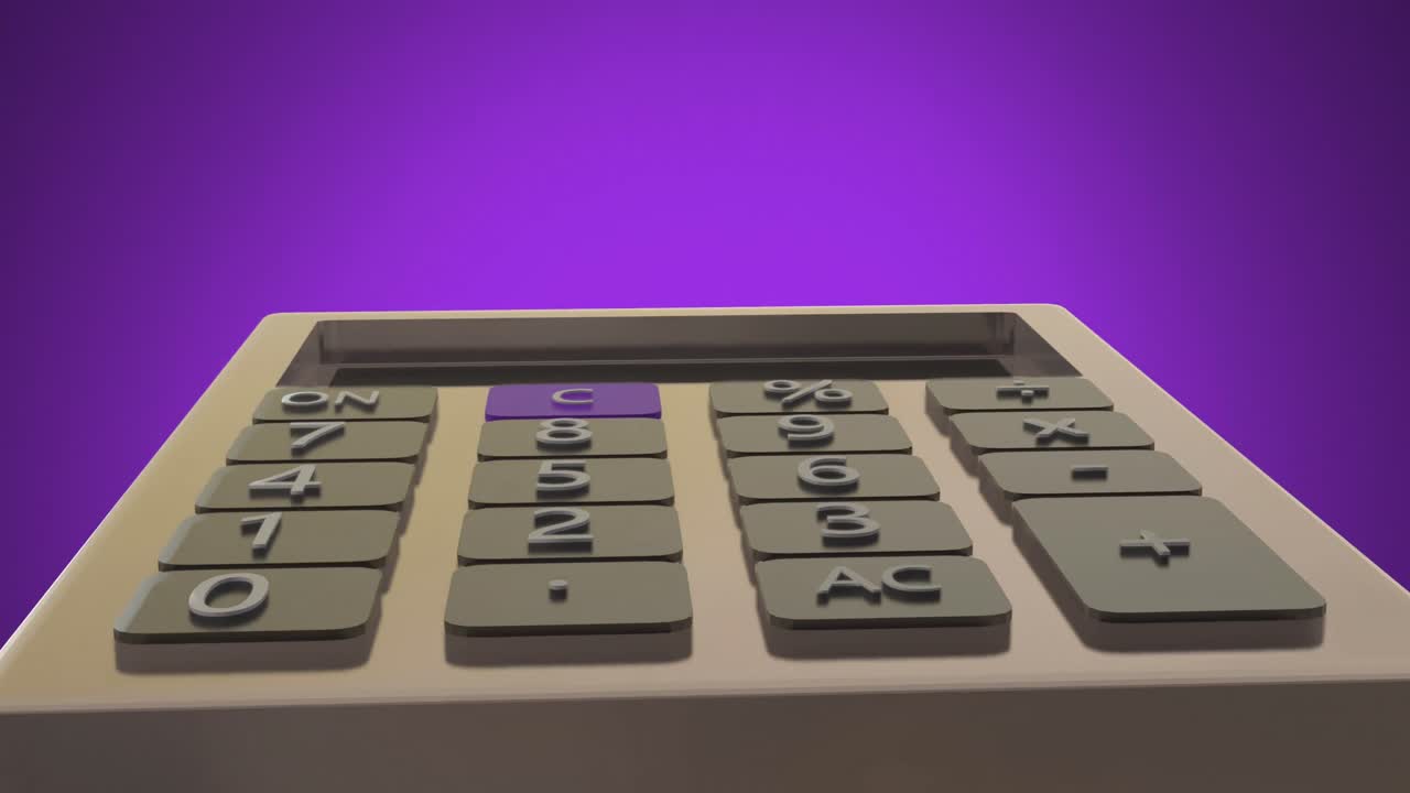 보라색 배경 위에서 회전하는 계산기의 애니메이션