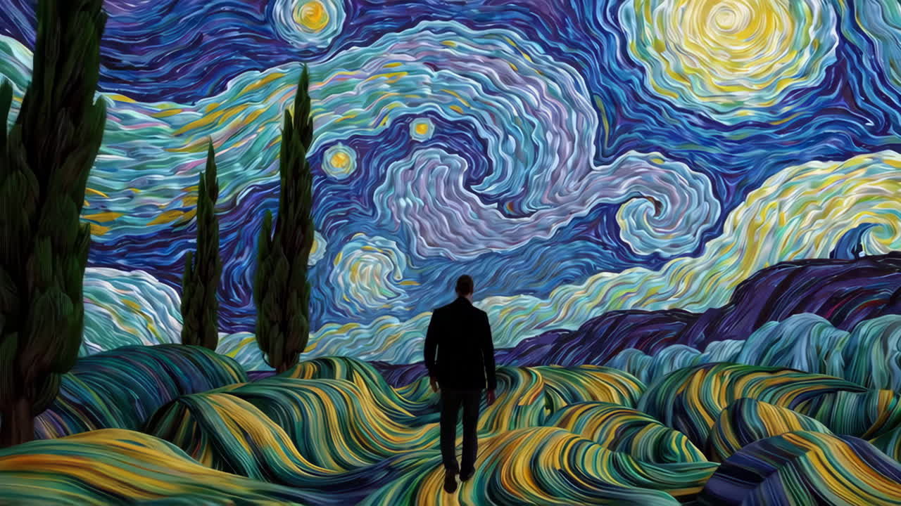 Un uomo che cammina attraverso un'interpretazione digitale de La Notte Stellata di Van Gogh