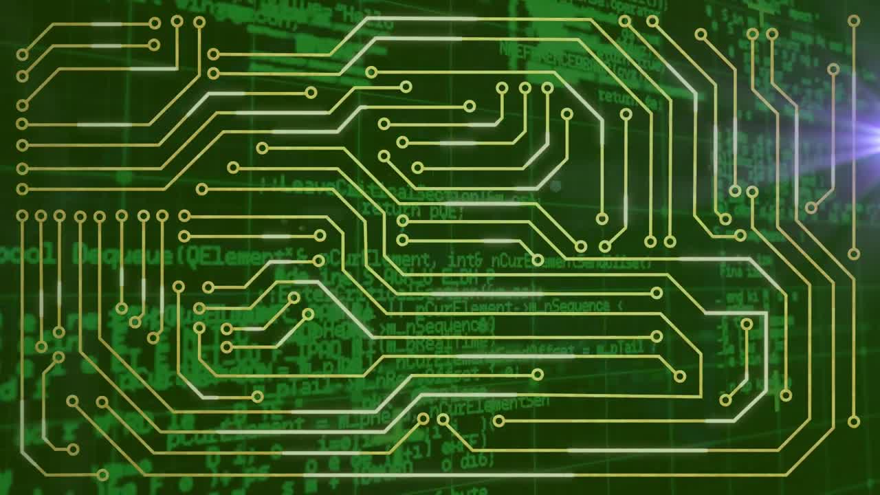 컴퓨터 회로판 위의 빛 트레일의 애니메이션과 검은 바탕의 데이터 처리