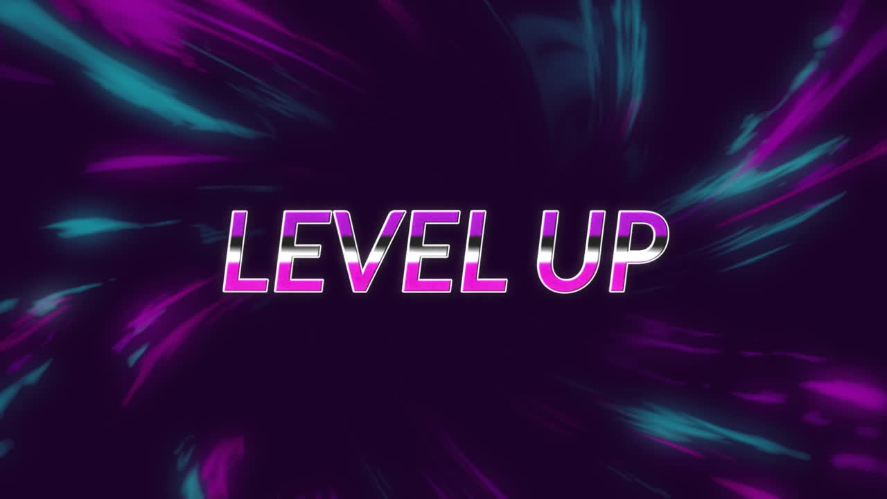 Animation of level up text over moving lights on dark background
