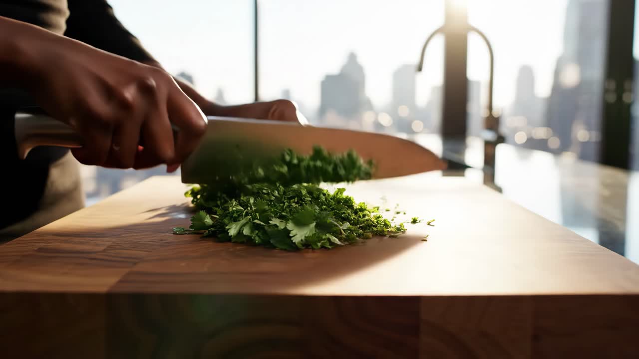 Chef chopping cilantro in city apartment kitchen