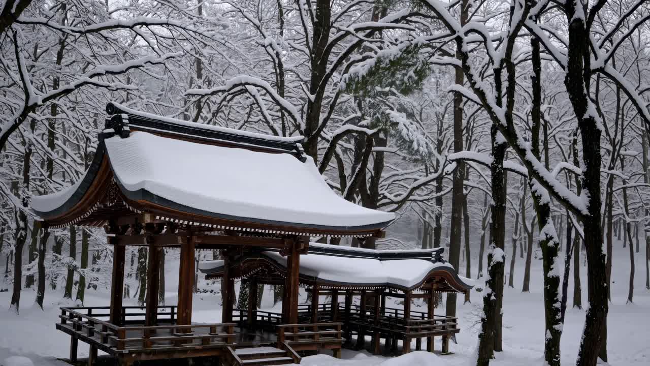 A serene winter video captures a low-angle view of traditional Japanese structures blanketed
