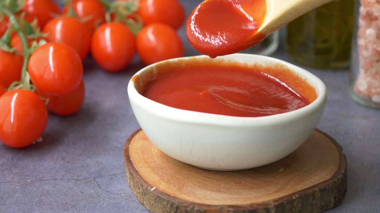Close-up of Stirring Fresh Tomato Sauce in a White Bowl