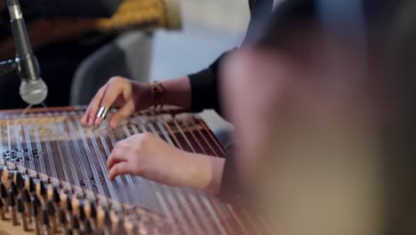 a woman playing on oud in the theatre beside a woman playing on zither close up shot, insert shot