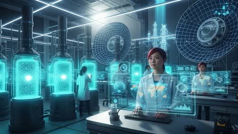 a focused scientist conducting advanced research in a high-tech laboratory filled with holographic displays and innovative energy technology
