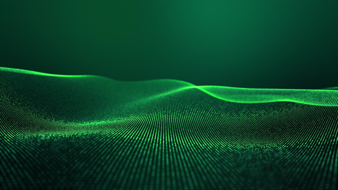 4k looped abstract green background of glow particles form lines, surfaces, structures as futuristic landscape in cyberspace or hologram. Sci-fi theme with DOF, lighting effects and bokeh.