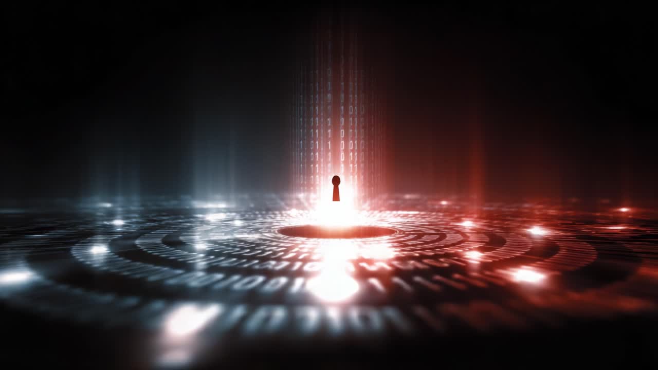 A futuristic lock surrounded by streaming binary code represents digital security and encryption, illustrating the essence of protecting data in a technological world
