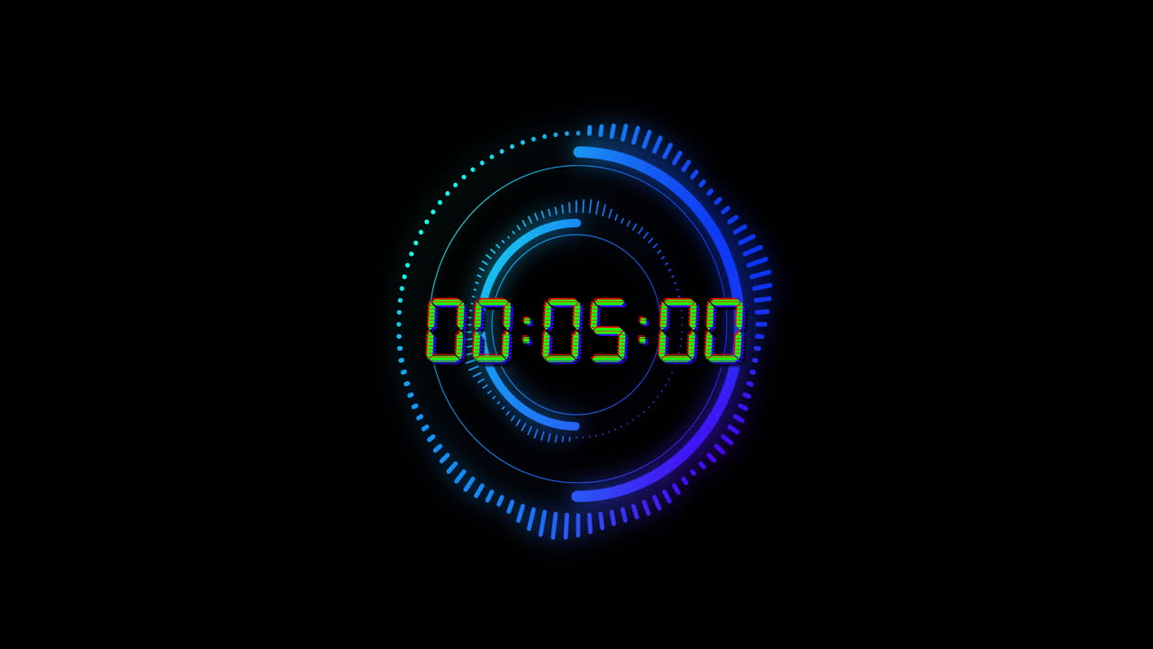 Animation of green digital timer changing with blue circles on black background