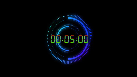 Animation-of-green-digital-timer-changing-with-blue-circles-on-black-background