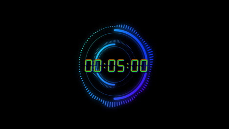 Animation of green digital timer changing with blue circles on black background