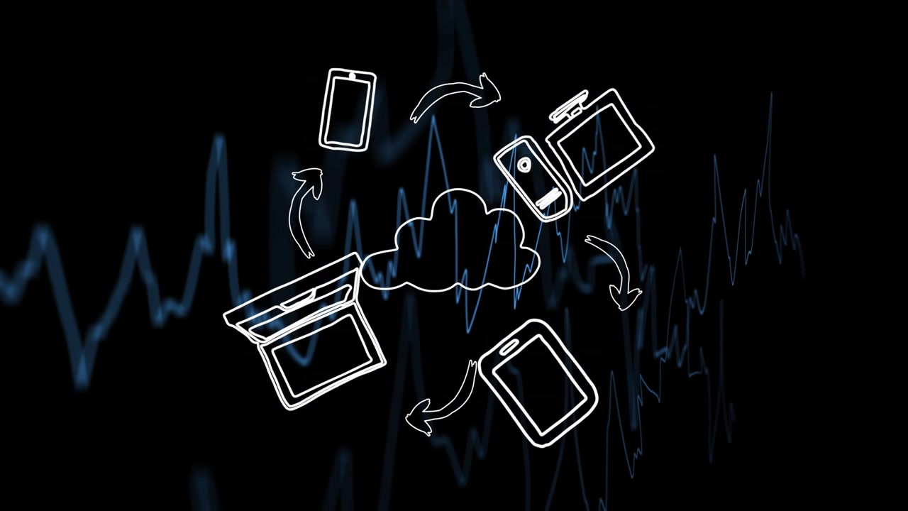 Connected devices with cloud computing and digital waveform animation in background