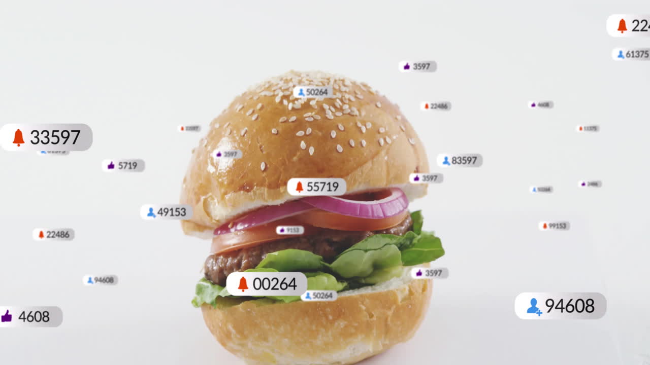 Burger surrounded by animated social media notifications and numbers floating around