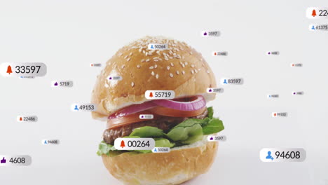 burger surrounded by animated social media notifications and numbers floating around