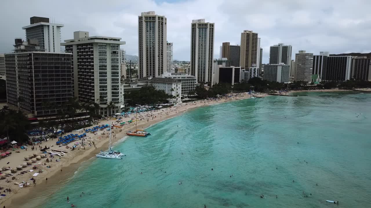 Drone View of Waikiki Beach Coastline in Honolulu City, Oahu, Hawaii, Aerial