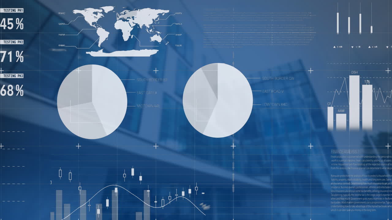 Animation of statistical data processing against view of tall buildings