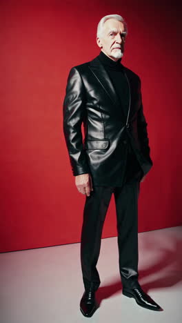 stylish black leather attire against red background