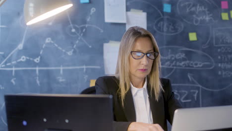 Beautiful-Caucasian-businesswoman-working-on-laptop