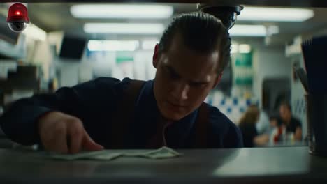 a worker diligently crafts an order at a bustling diner during a late-night shift. customers chat and enjoy their meals while the atmosphere buzzes with activity and energy.