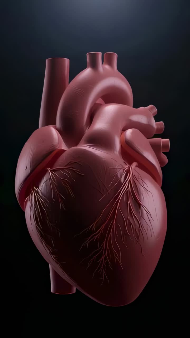 Video verticale: rendering in 3D rotante di un cuore che mostra i vasi coronari e i grandi vasi su sfondo scuro